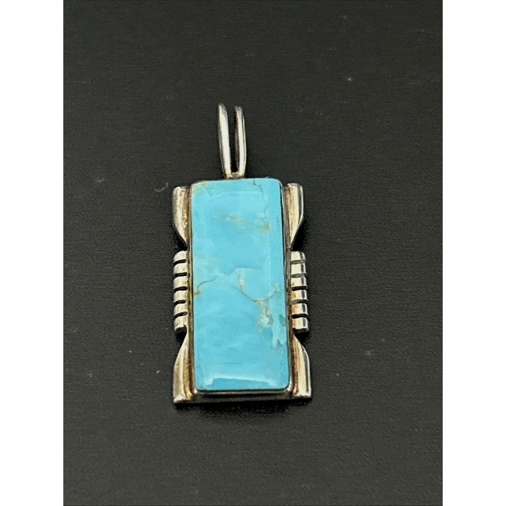 Vtg Turquoise & Sterling Silver Rectangular Pendant Marked 925 Philippines